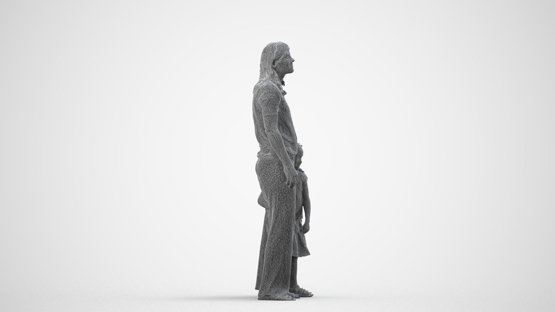3D human model girl casual kids, photogrammetry scanned person for archviz, wireframe side view