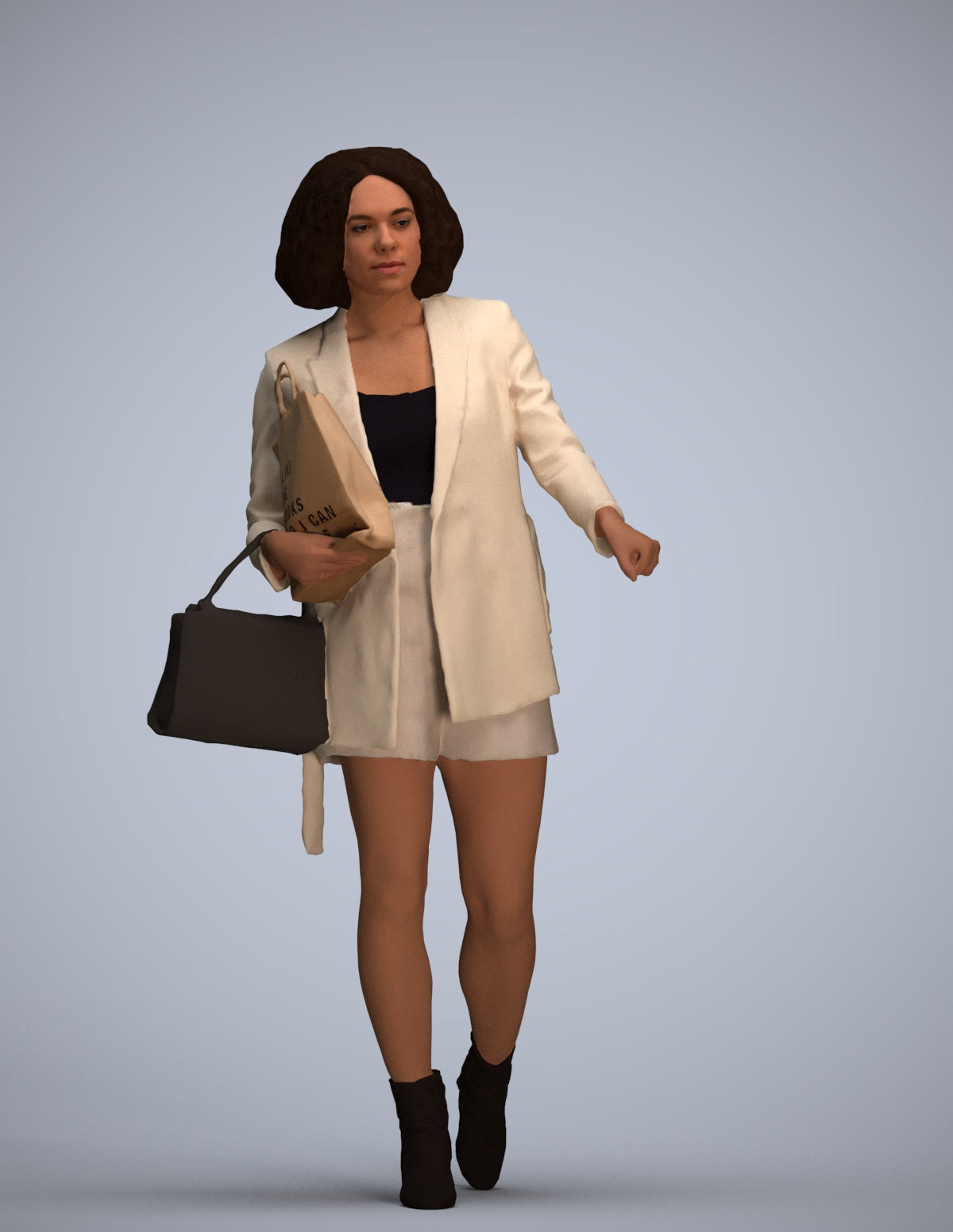 3D human model woman casual shopping, photogrammetry scanned person for archviz