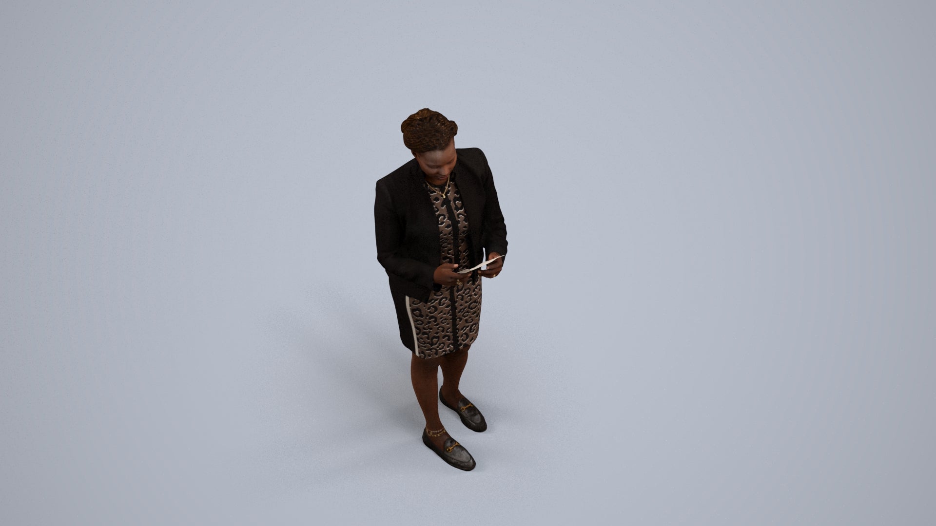3D human model woman business standing, photogrammetry scanned person for archviz, back view render