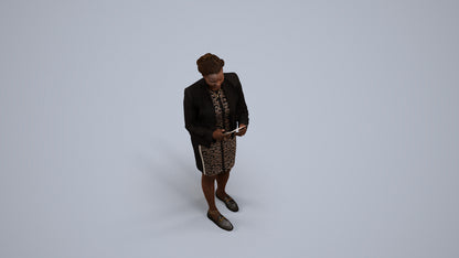 3D human model woman business standing, photogrammetry scanned person for archviz, back view render