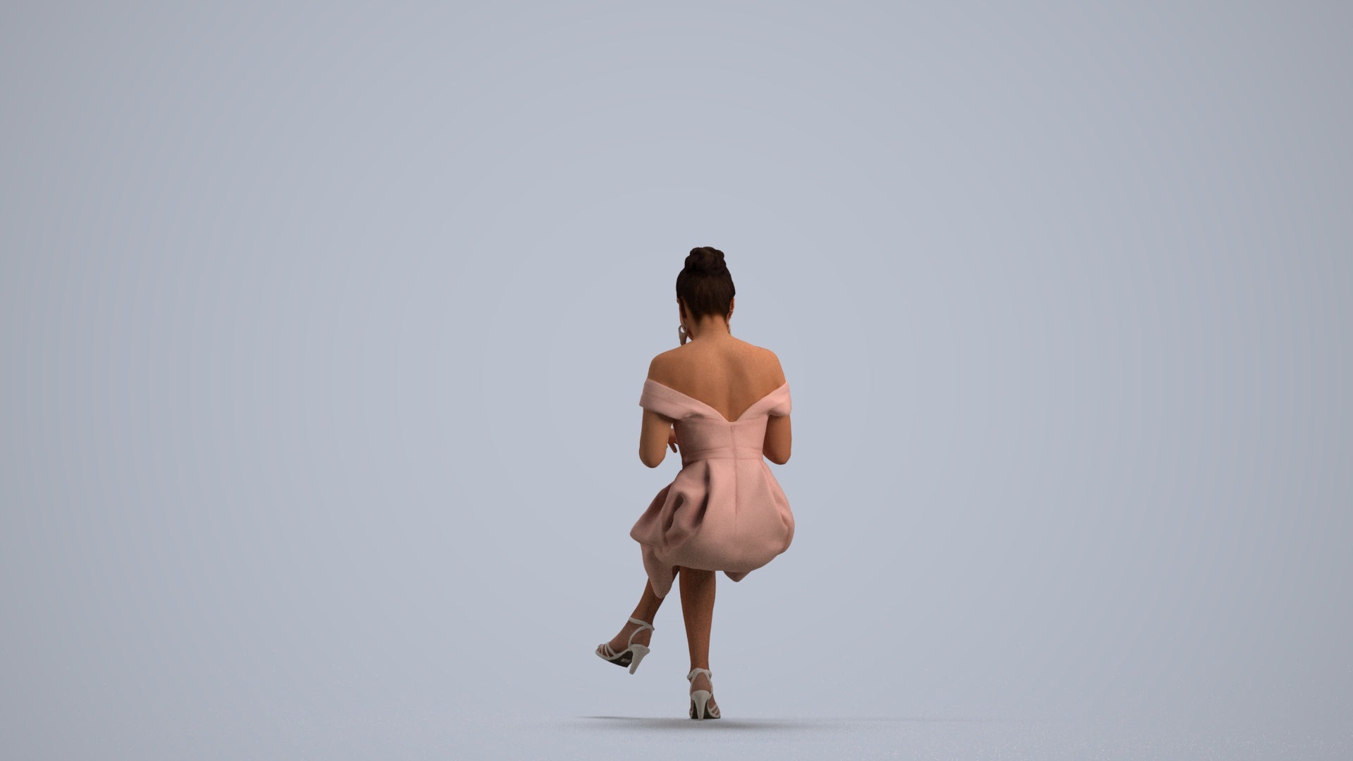 3D human model woman formal sitting, photogrammetry scanned person for archviz, front view render