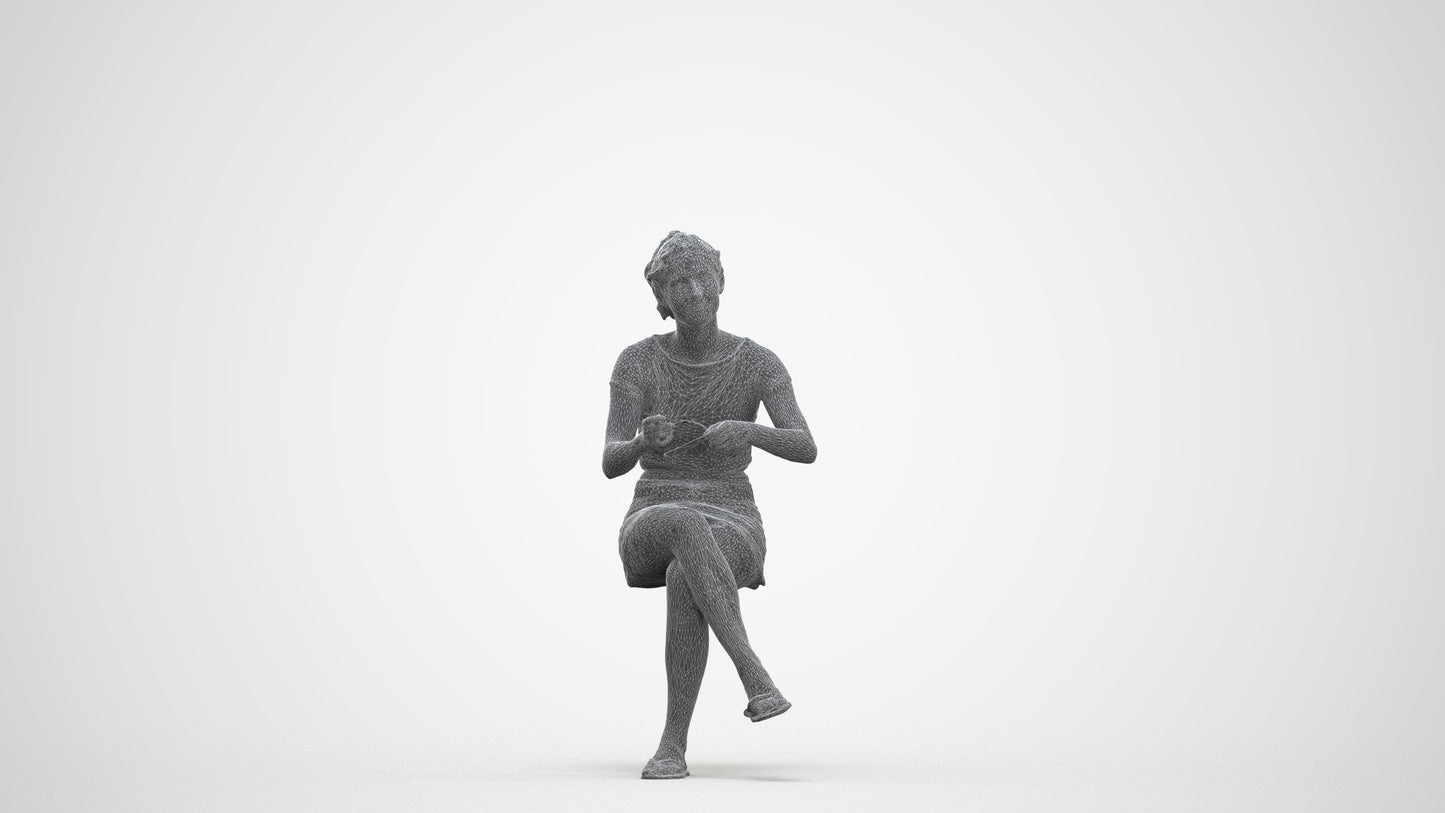 scanned 3D woman casual sitting, photogrammetry people for Enscape and V-Ray, three-quarter front view render