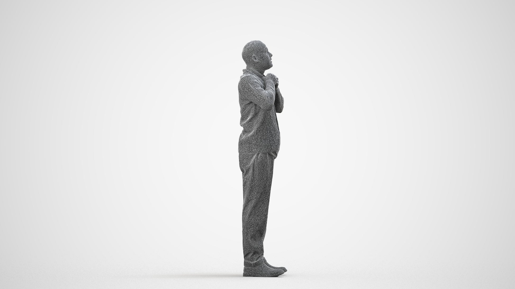 3D people model man business standing, scanned human for 3ds Max rendering, wireframe side view