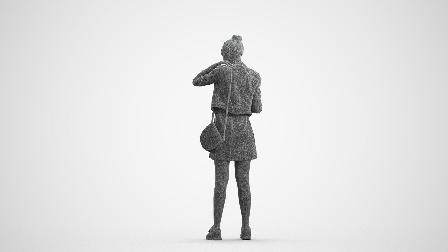 realistic 3D woman casual standing, scanned archviz people for Blender and 3ds Max, wireframe front view