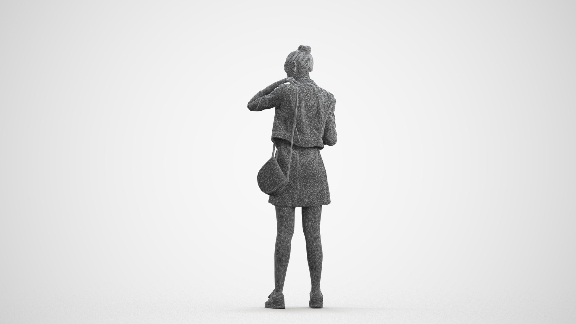 realistic 3D woman casual standing, scanned archviz people for Blender and 3ds Max, wireframe front view