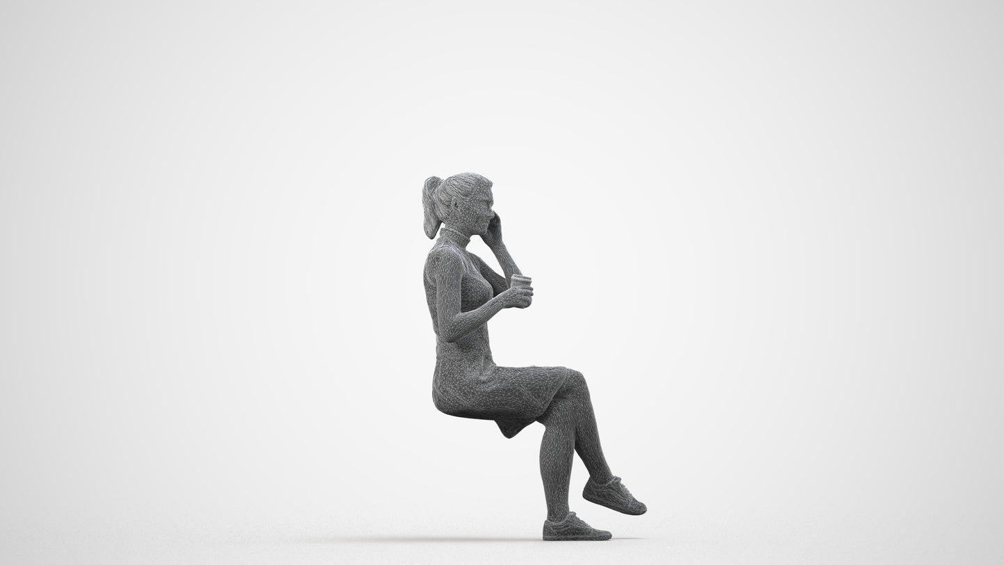 scanned 3D woman casual sitting, photogrammetry people for Enscape and V-Ray, wireframe side view
