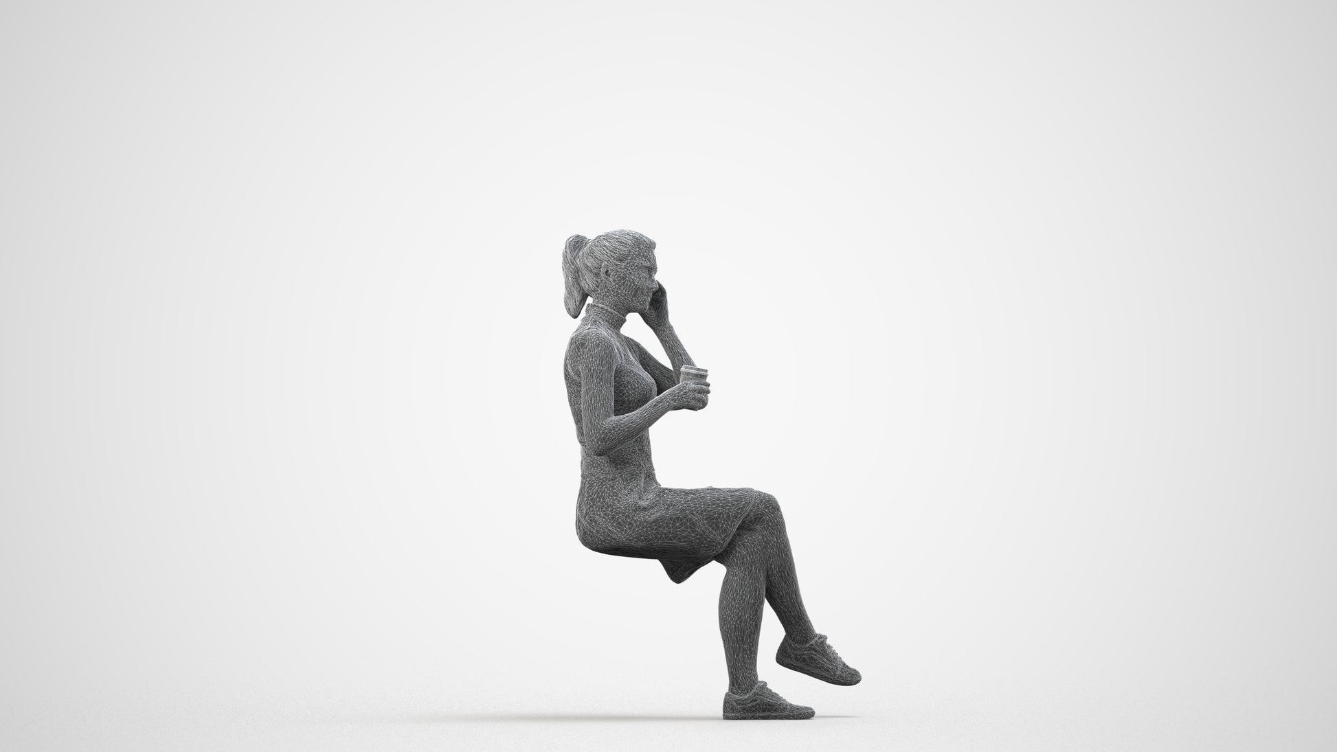 scanned 3D woman casual sitting, photogrammetry people for Enscape and V-Ray, wireframe side view