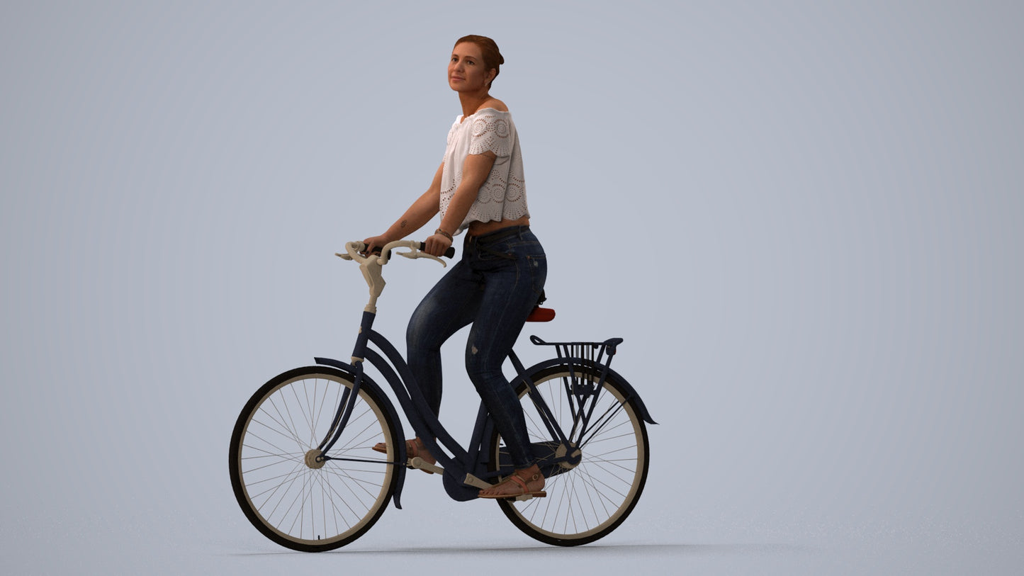 3D people model woman casual cycling, scanned human for 3ds Max rendering, three-quarter view render