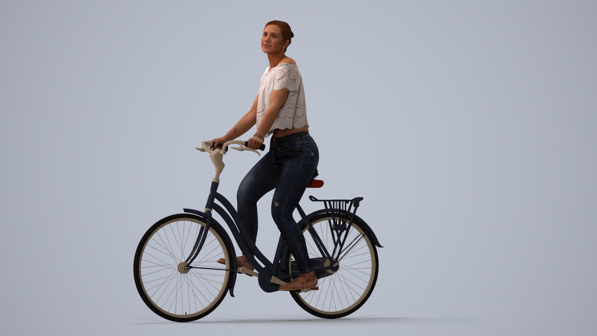 3D people model woman casual cycling, scanned human for 3ds Max rendering, three-quarter view render