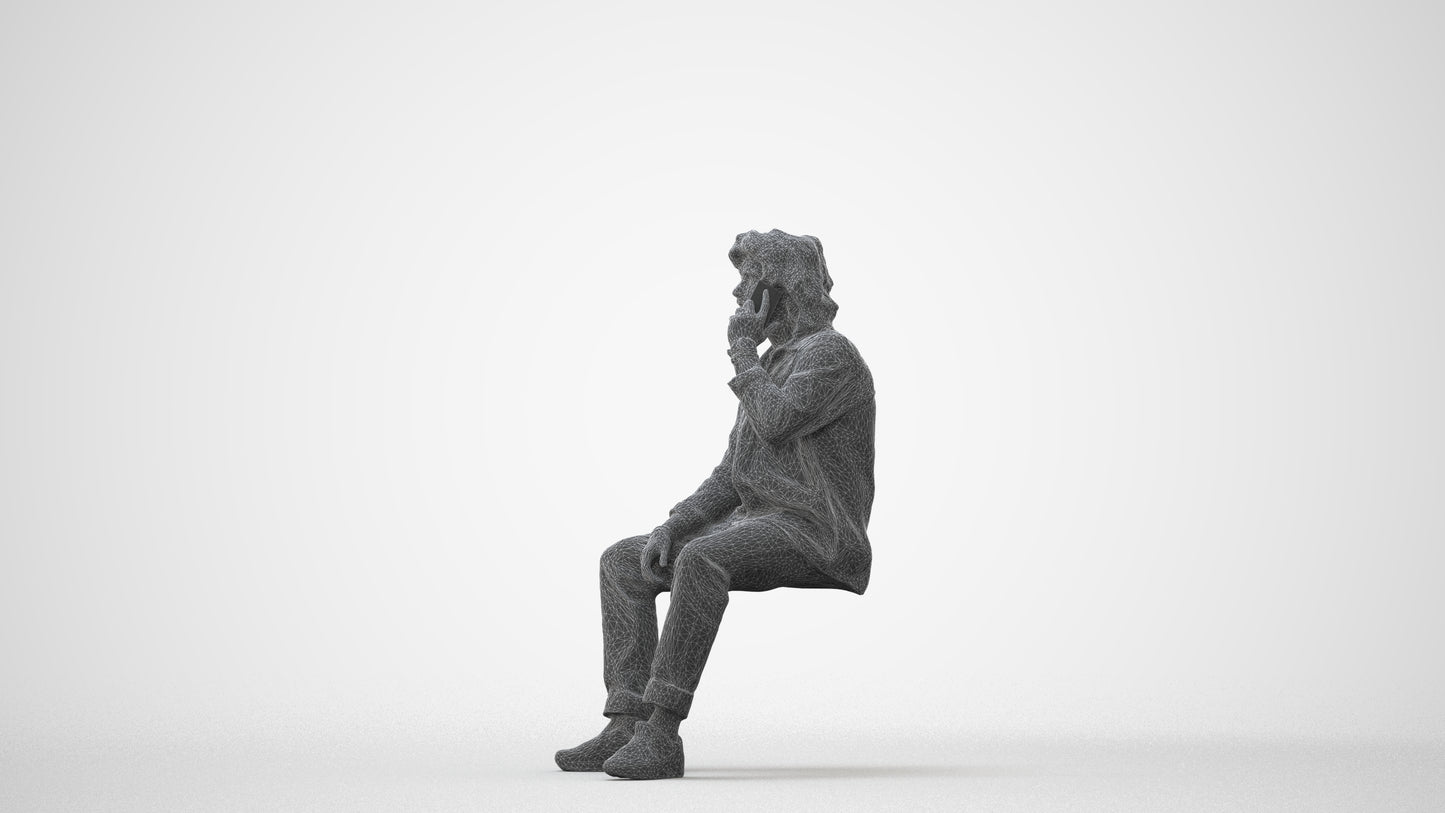 3D human model man casual sitting, photogrammetry scanned person for archviz, square thumbnail
