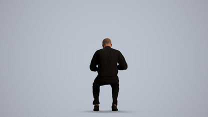 3D human model man casual sitting, photogrammetry scanned person for archviz, front view render
