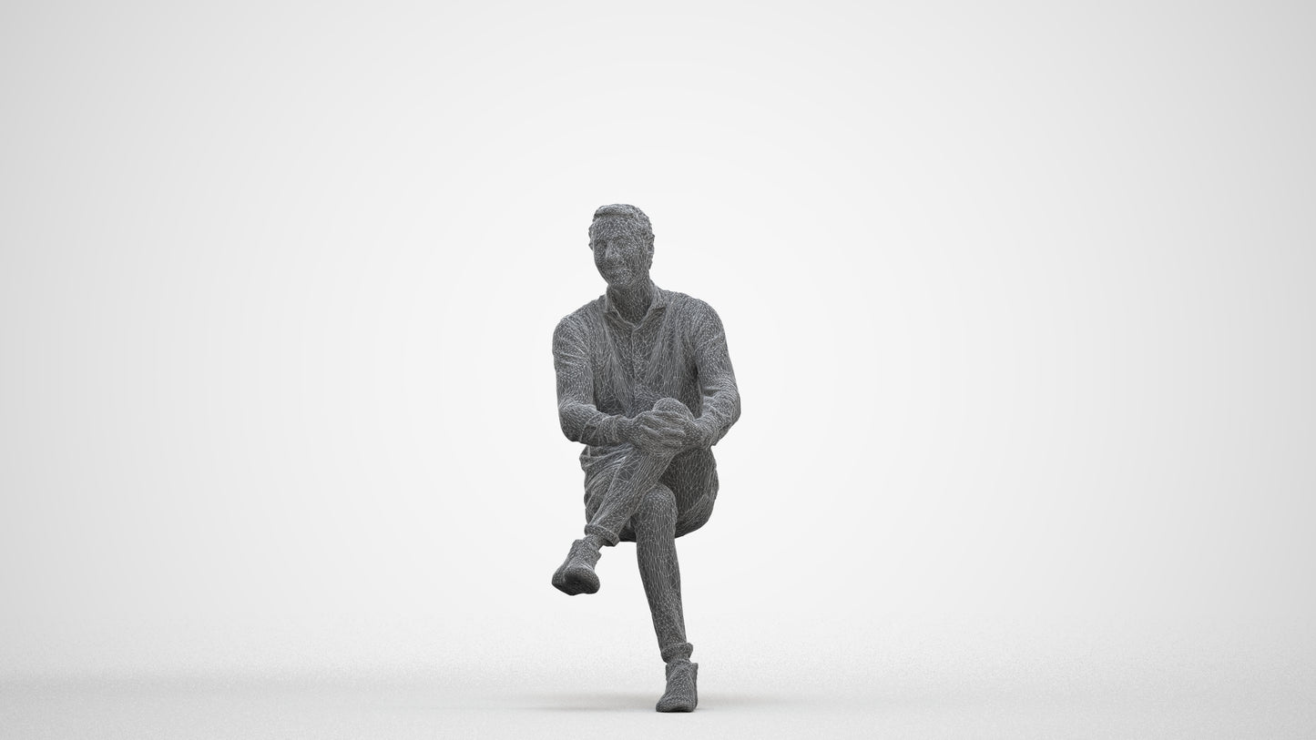 realistic 3D human man casual sitting, archviz people FBX OBJ for Blender, three-quarter front view render