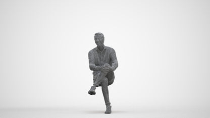 realistic 3D human man casual sitting, archviz people FBX OBJ for Blender, three-quarter front view render