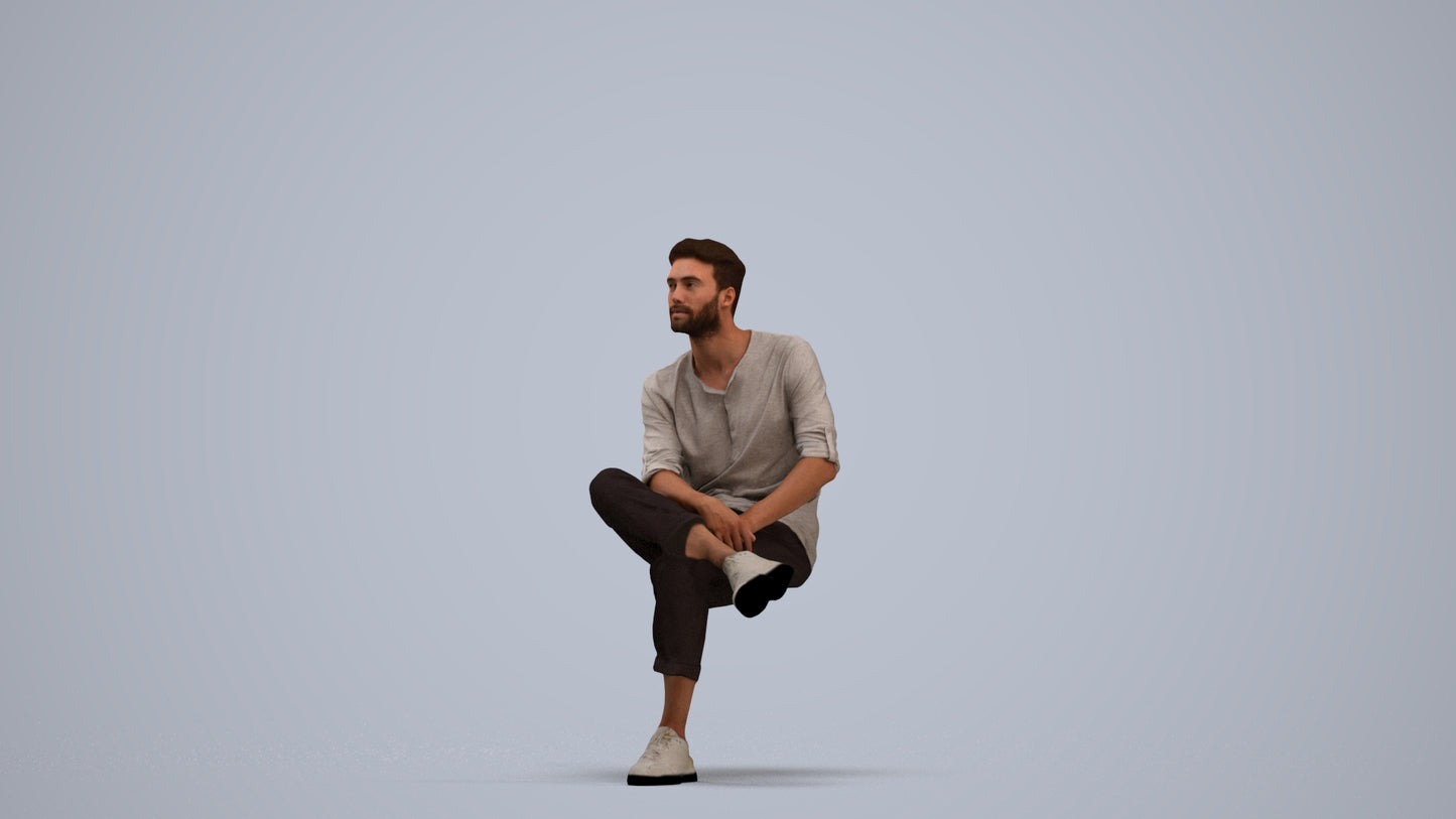 3D people model man casual sitting, scanned human for 3ds Max rendering, standing pose render