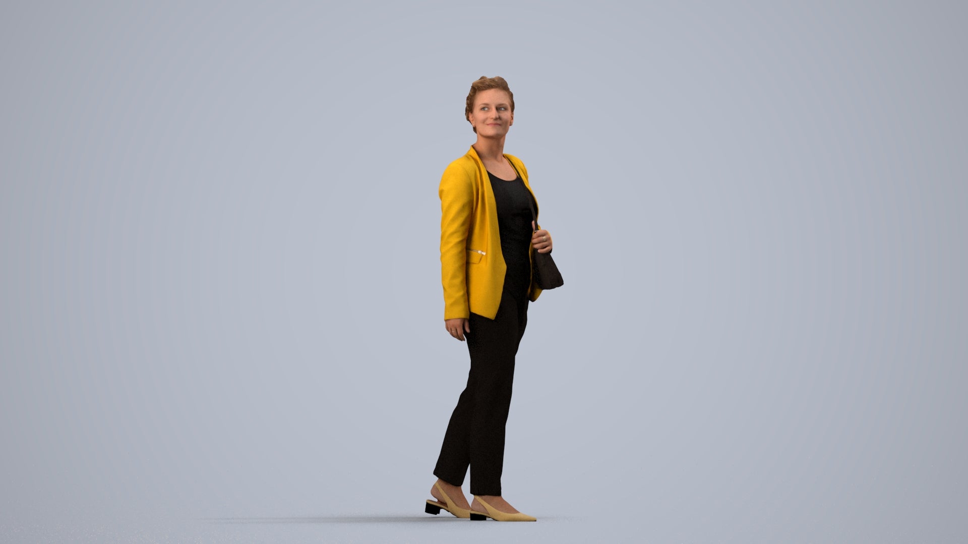 3D human model woman business walking, photogrammetry scanned person for archviz, side view render