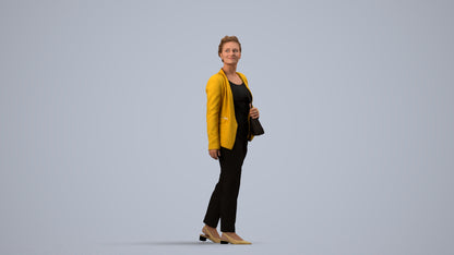3D human model woman business walking, photogrammetry scanned person for archviz, side view render