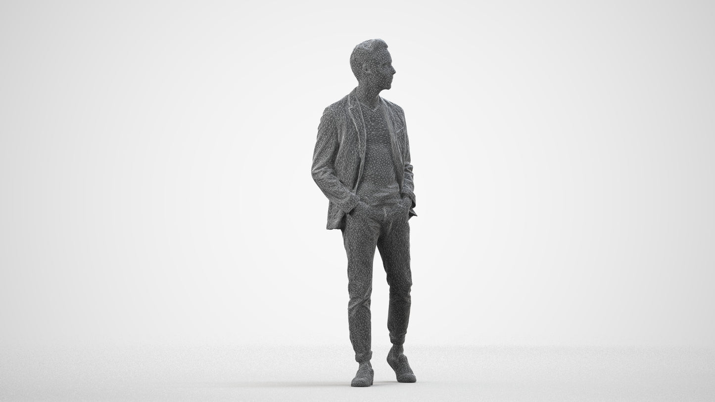 3D scanned man walking business, photorealistic archviz people for Enscape and SketchUp, wireframe side view