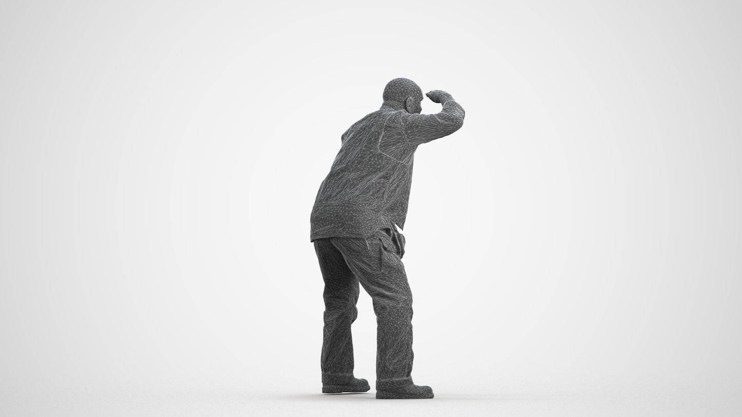 realistic 3D senior man standing, scanned archviz people for Blender and 3ds Max, wireframe front view