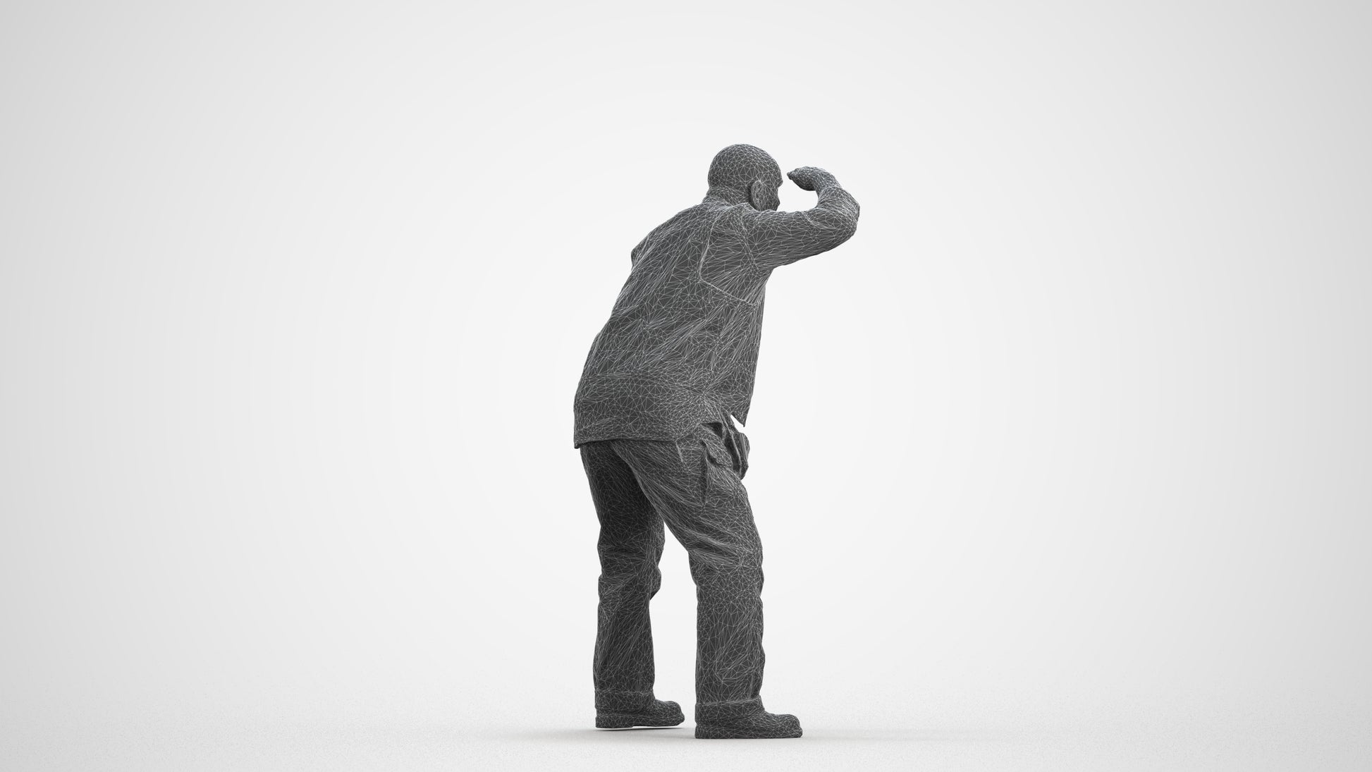 realistic 3D senior man standing, scanned archviz people for Blender and 3ds Max, wireframe front view
