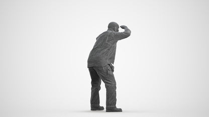 realistic 3D senior man standing, scanned archviz people for Blender and 3ds Max, wireframe front view