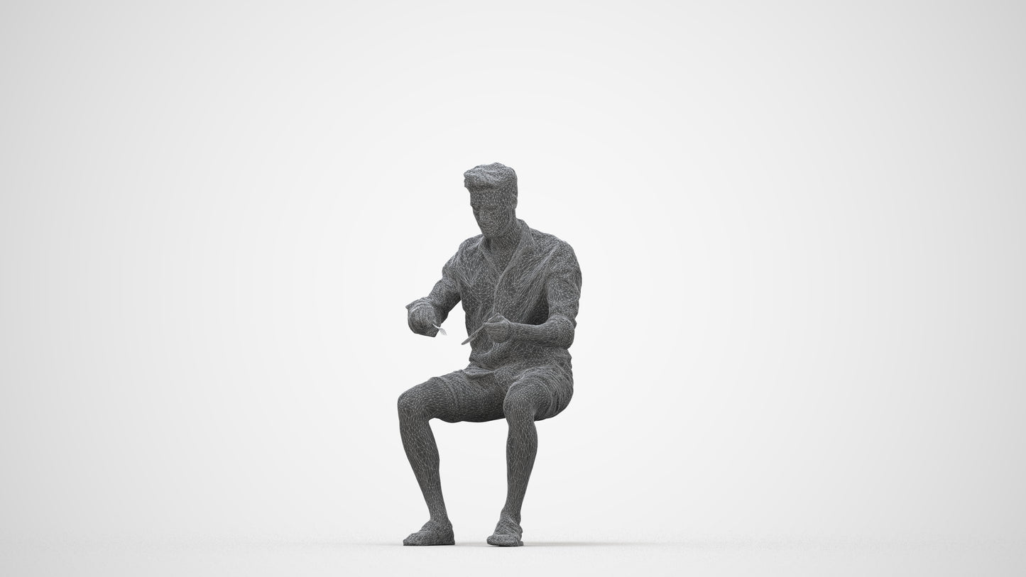 scanned 3D man casual sitting, photogrammetry people for Enscape and V-Ray, wireframe back view