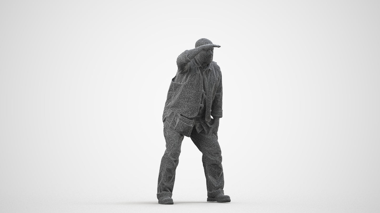 realistic 3D senior man standing, scanned archviz people for Blender and 3ds Max, wireframe side view