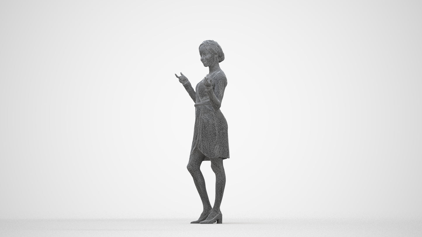 3D human model woman casual standing, photogrammetry scanned person for archviz, wireframe back view