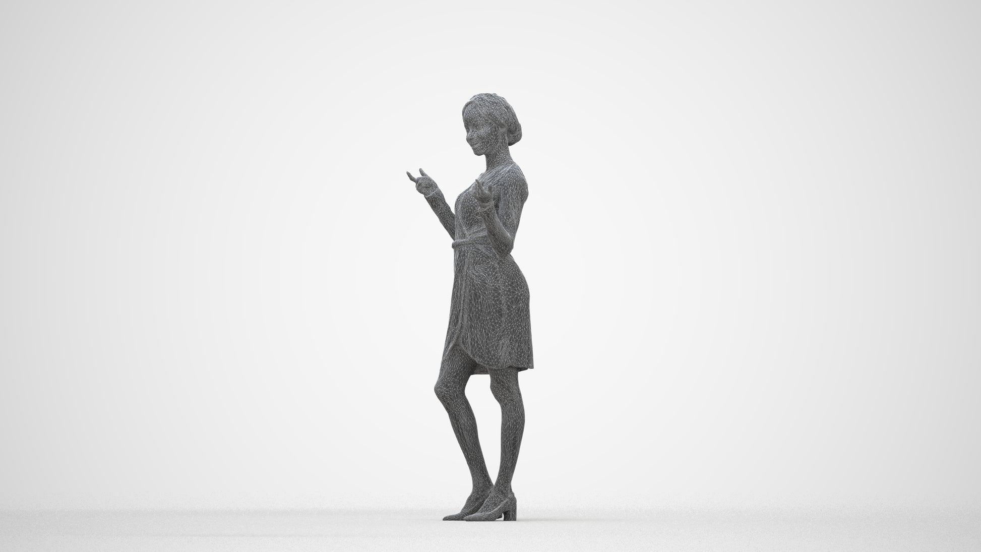 3D human model woman casual standing, photogrammetry scanned person for archviz, wireframe back view
