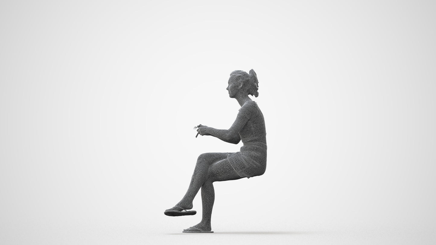 scanned 3D woman casual sitting, photogrammetry people for Enscape and V-Ray, square thumbnail