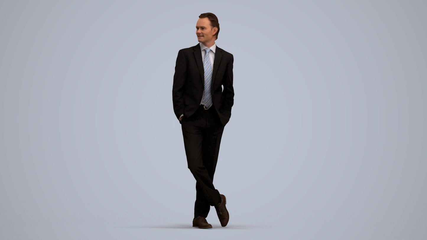 3D human model man business standing, photogrammetry scanned person for archviz, standing pose render