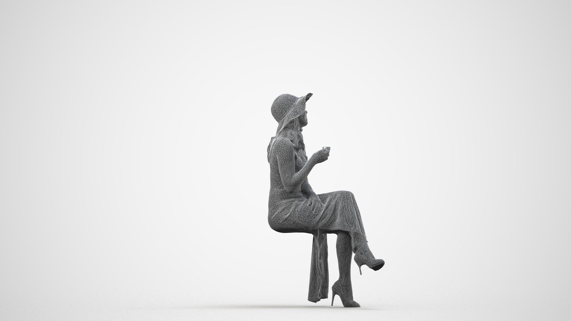 realistic 3D people woman casual sitting, render-ready for V-Ray and Corona, FBX OBJ, wireframe side view