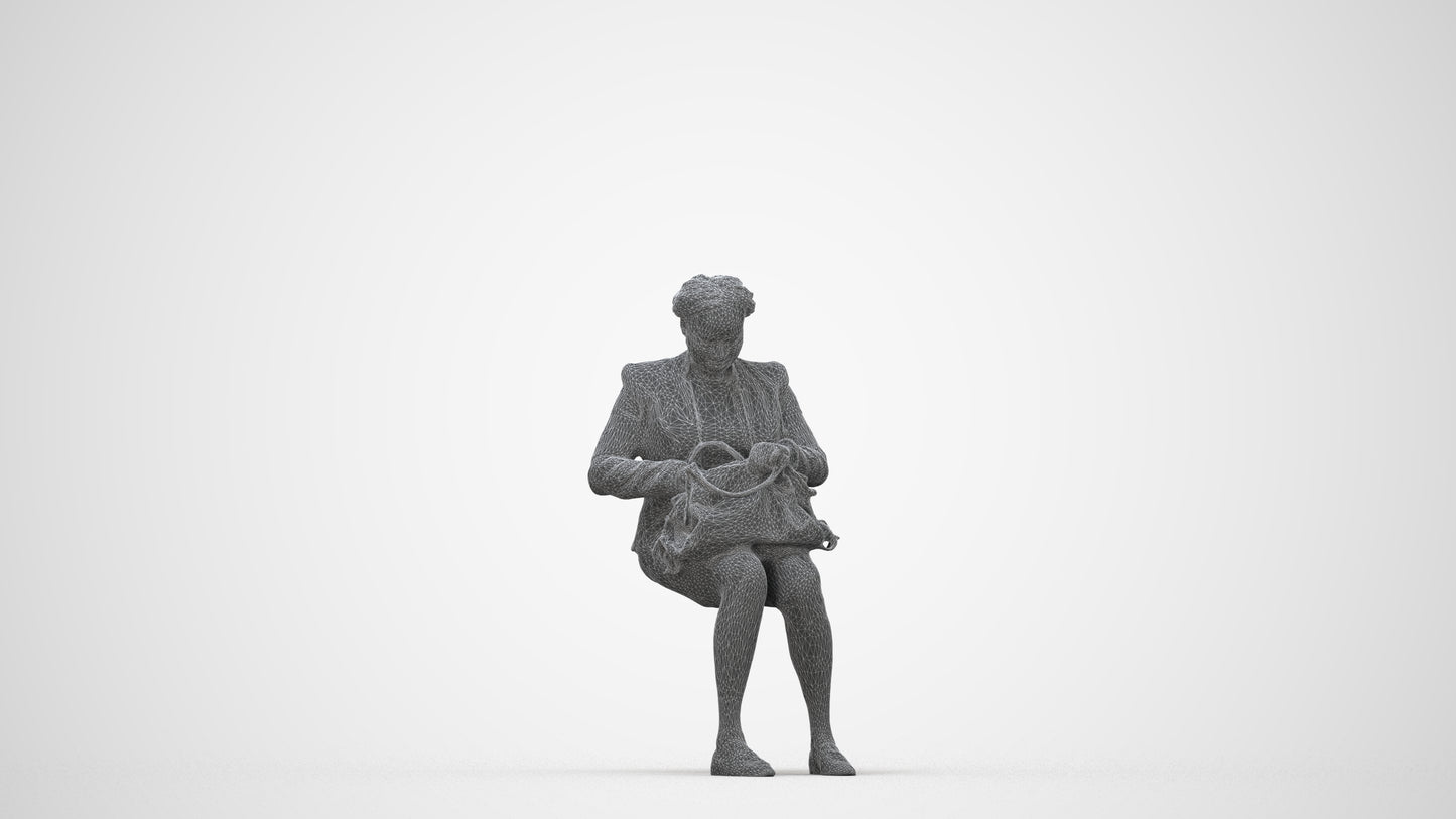 3D human model woman business sitting, photogrammetry scanned person for archviz, wireframe back view