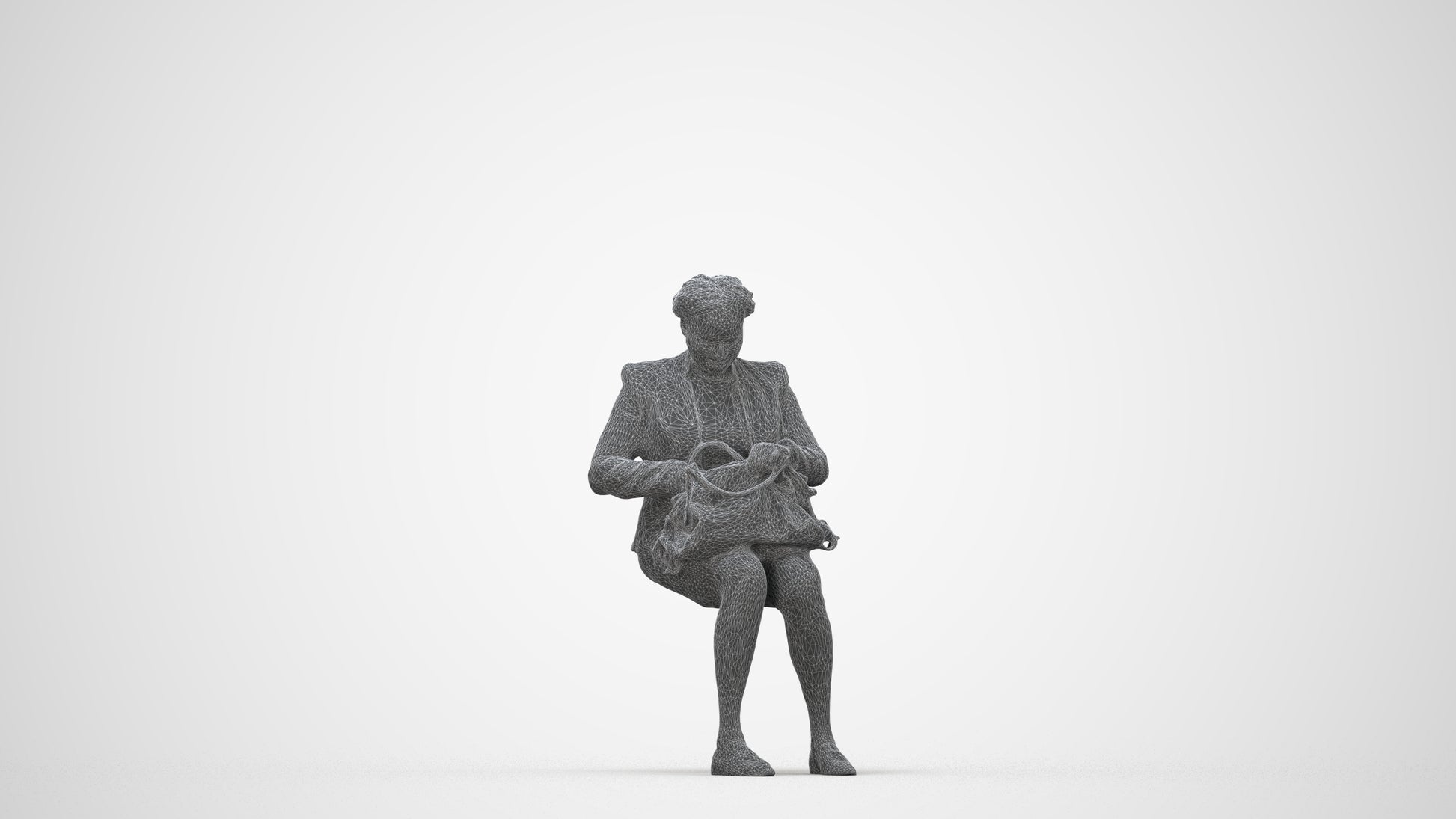 3D human model woman business sitting, photogrammetry scanned person for archviz, wireframe back view