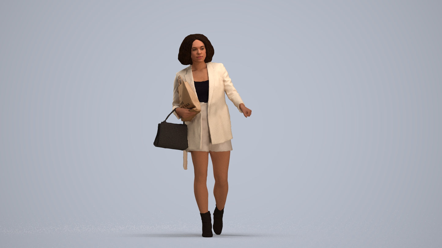 3D human model woman casual shopping, photogrammetry scanned person for archviz, standing pose render