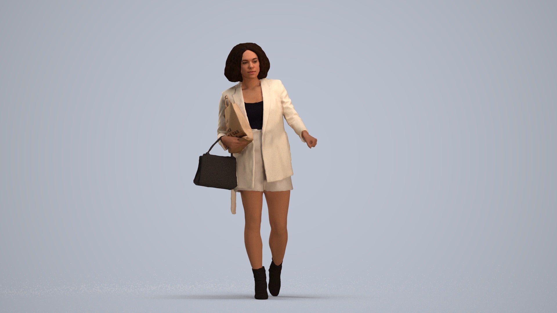 3D human model woman casual shopping, photogrammetry scanned person for archviz, standing pose render