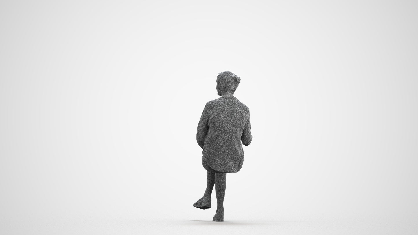 realistic 3D human senior woman casual sitting, archviz people FBX OBJ for Blender, wireframe front view