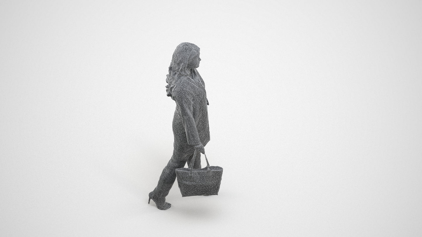 realistic 3D woman casual walking, scanned archviz people for Blender and 3ds Max, wireframe three-quarter view