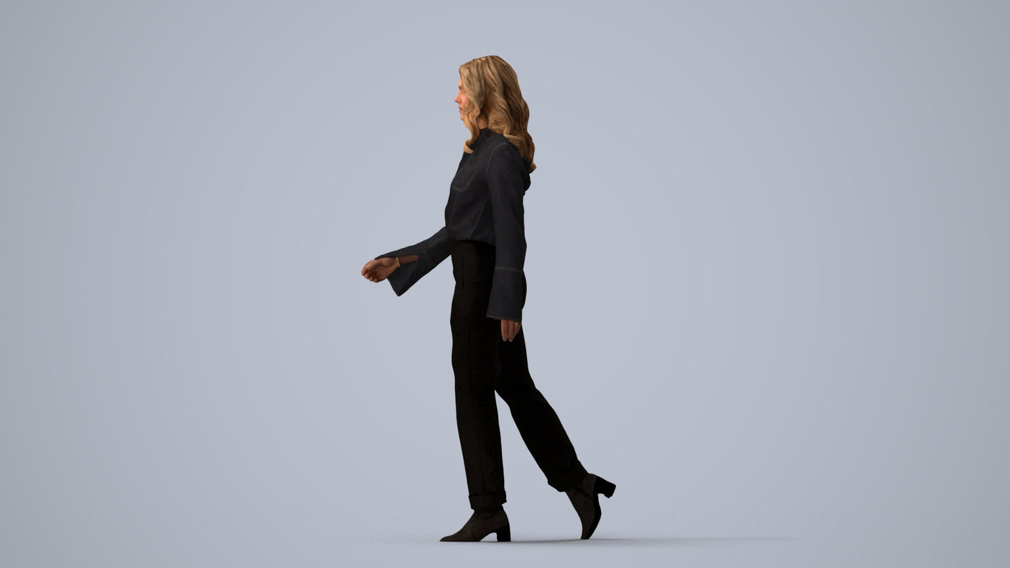 3D human model woman casual walking, photogrammetry scanned person for archviz, three-quarter view render