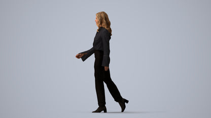 3D human model woman casual walking, photogrammetry scanned person for archviz, three-quarter view render