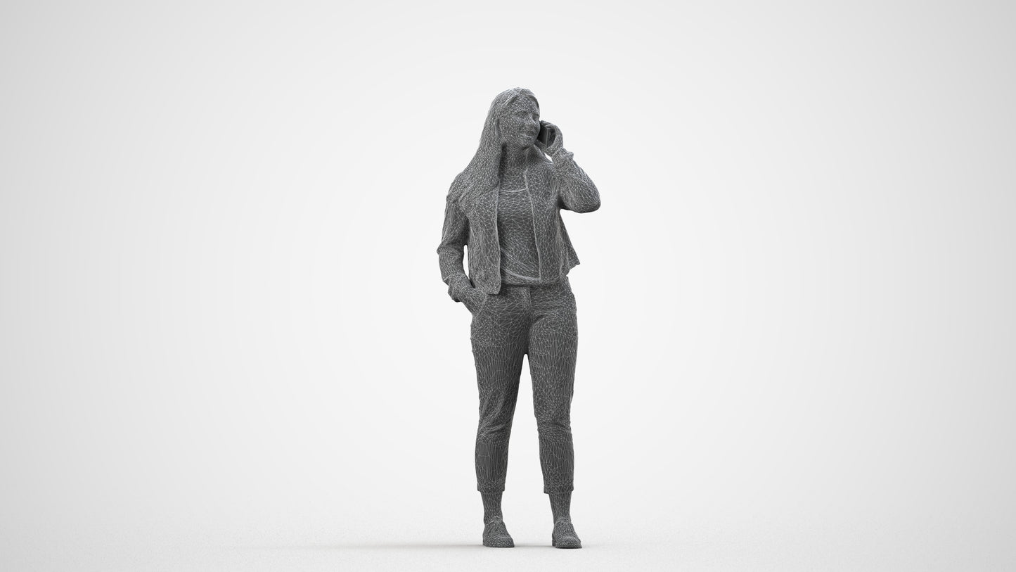 scanned 3D woman casual standing, photogrammetry people for Enscape and V-Ray, wireframe side view