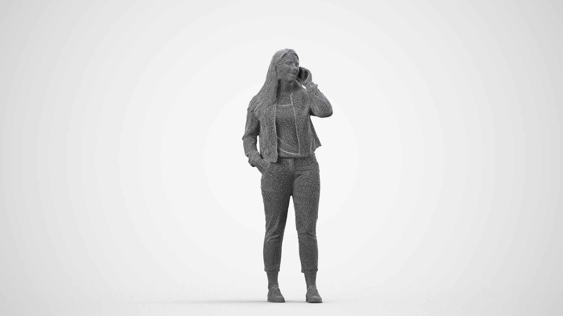 scanned 3D woman casual standing, photogrammetry people for Enscape and V-Ray, wireframe side view
