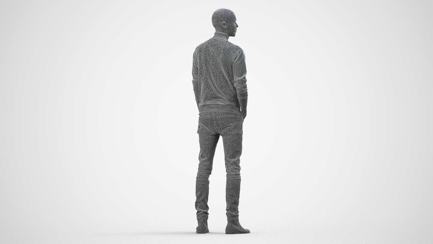photogrammetry 3D man casual standing, realistic human model archviz FBX, wireframe side view
