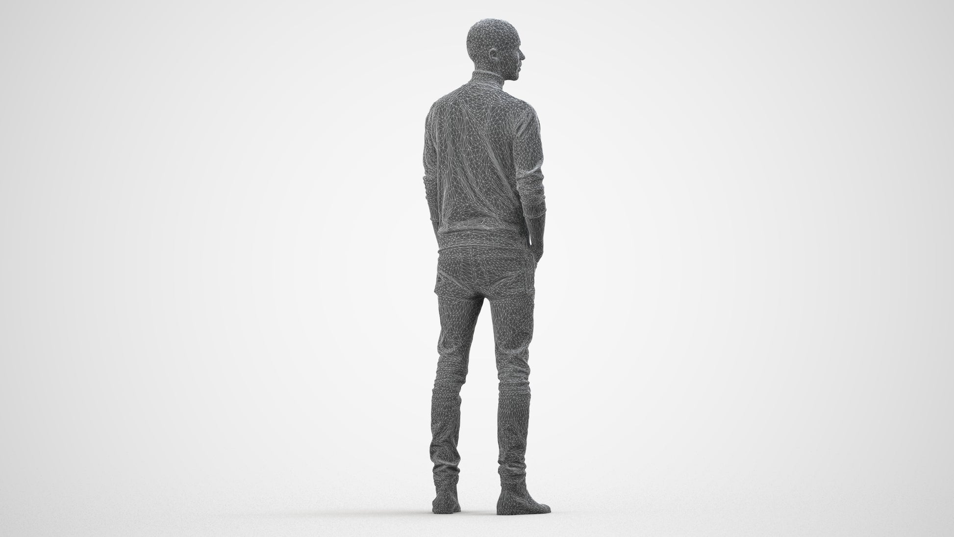 photogrammetry 3D man casual standing, realistic human model archviz FBX, wireframe side view