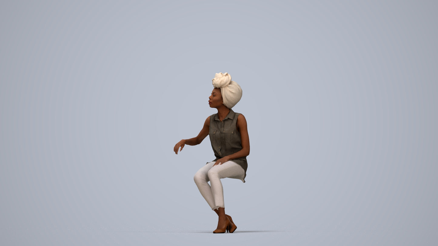 3D people model woman casual sitting, scanned human for 3ds Max rendering, top-down view render