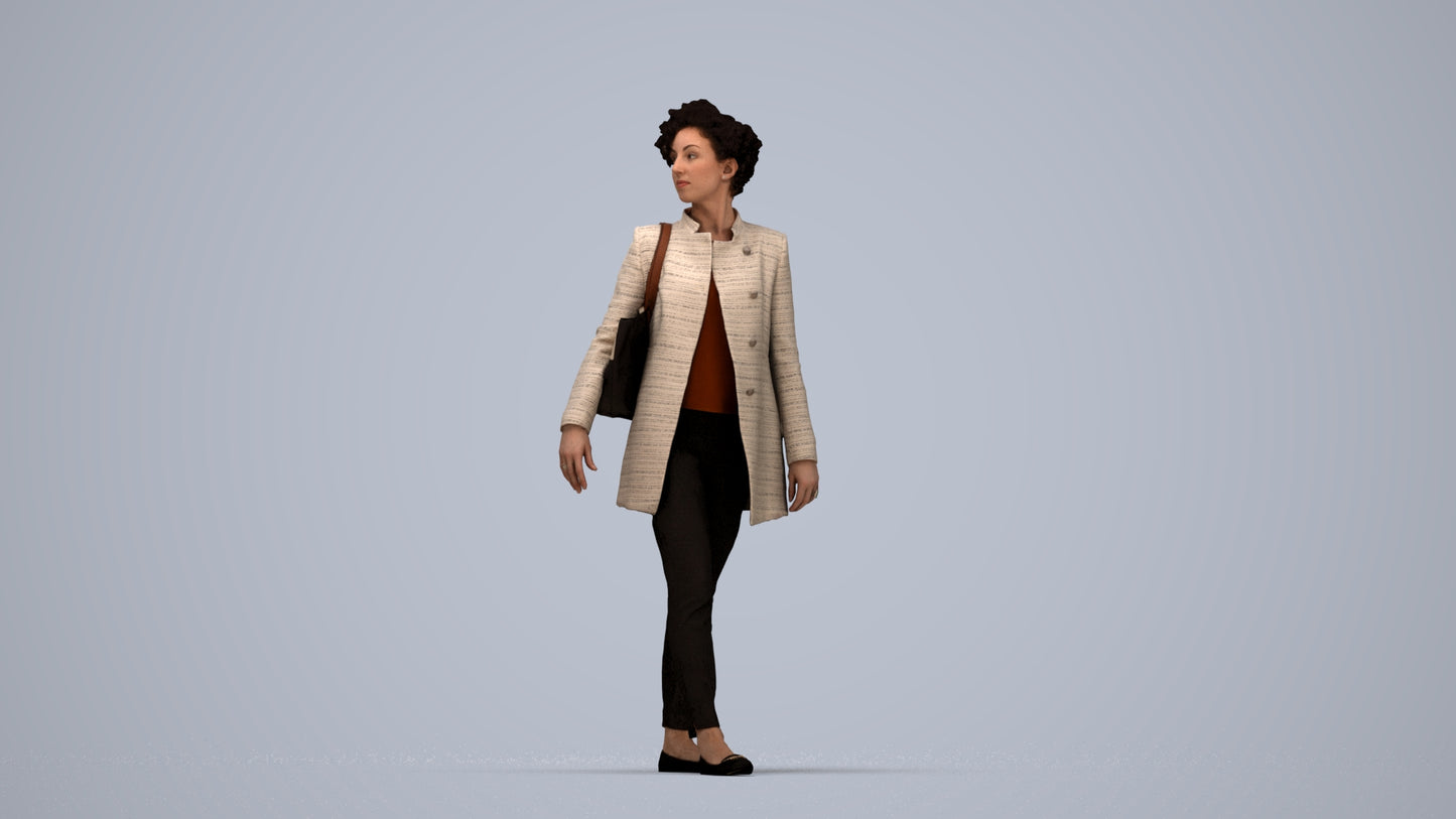 3D human model woman business walking, photogrammetry scanned person for archviz, top-down view render