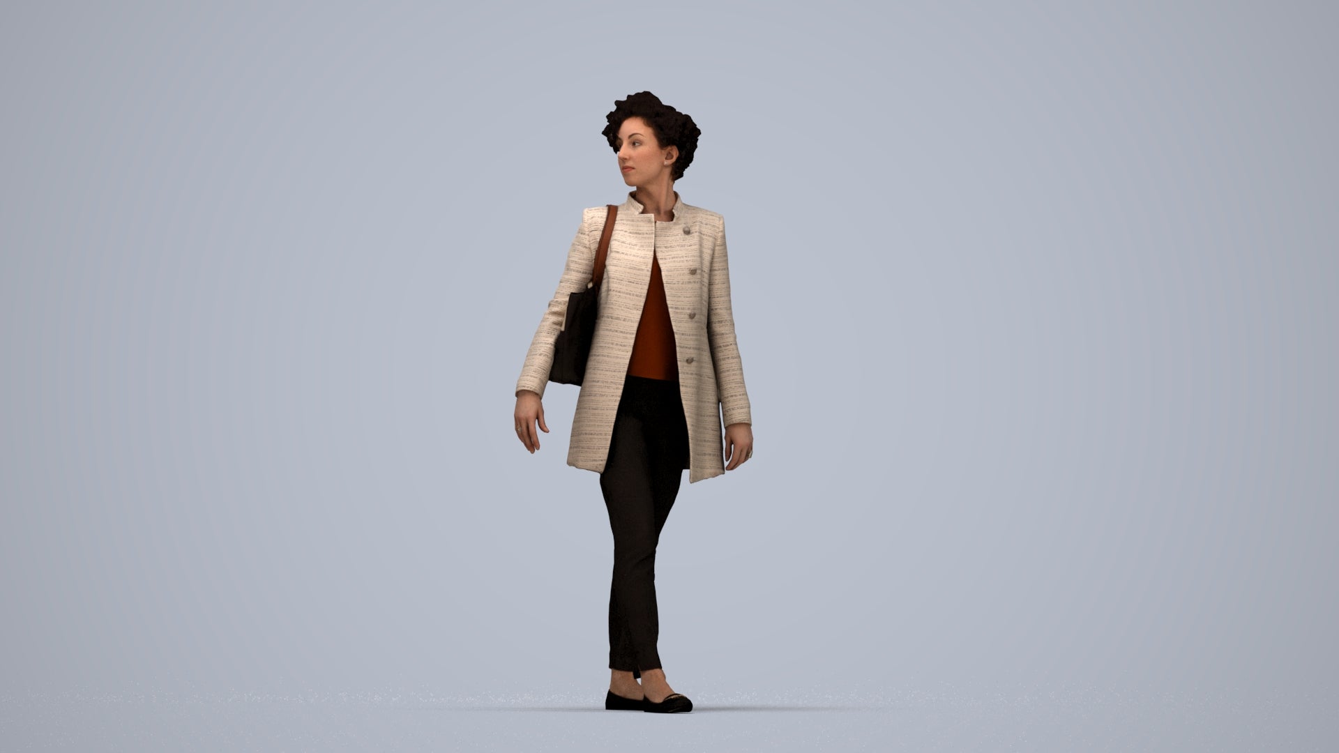 3D human model woman business walking, photogrammetry scanned person for archviz, top-down view render