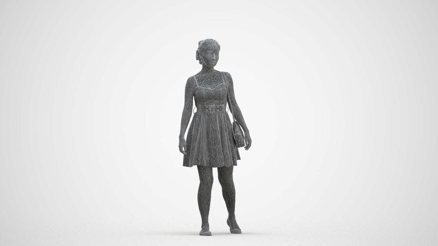 3D human model woman formal formalaffairs, photogrammetry scanned person for archviz, three-quarter front view render