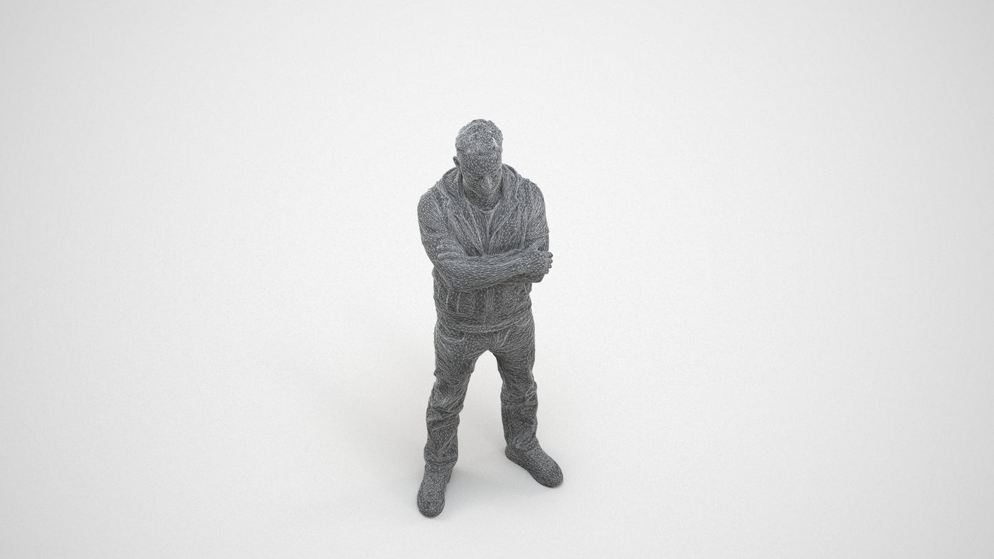 realistic 3D man casual standing, scanned archviz people for Blender and 3ds Max, wireframe three-quarter view