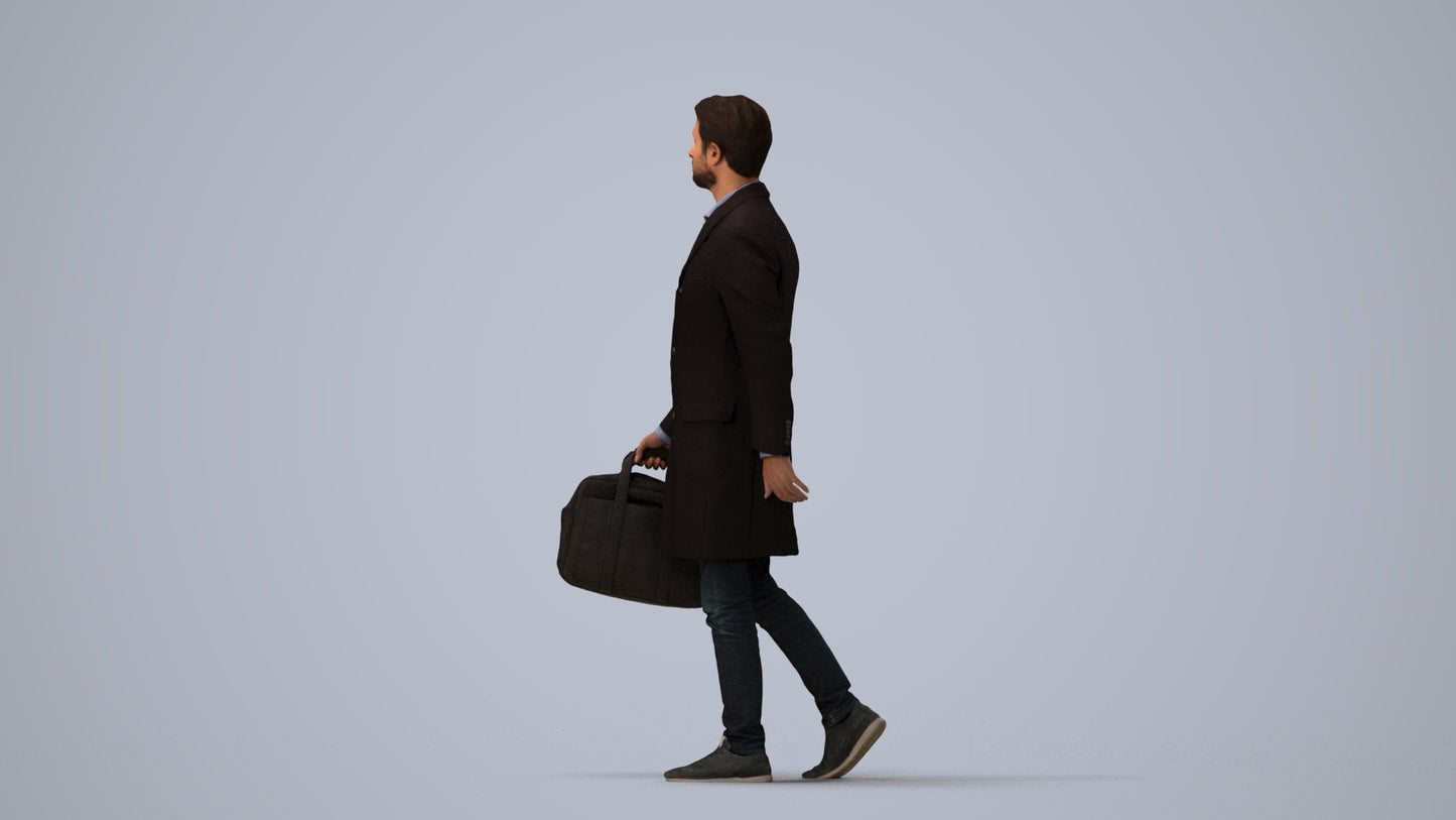 3D human model man business, photogrammetry scanned person for archviz, three-quarter view render