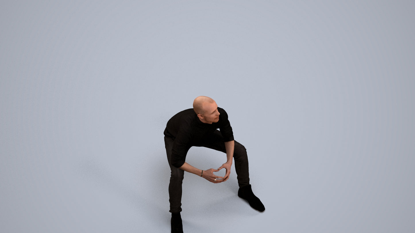 realistic 3D human man casual sitting, archviz people FBX OBJ for Blender, back view render